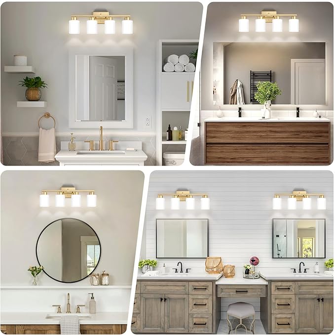 FonmYim Gold Bathroom Light Fixtures, 4-Light Modern Vanity Light Over Mirror, Wall Sconces with Milky White Frosted Glass Shades, E26 Socket (Bulbs Not Included)