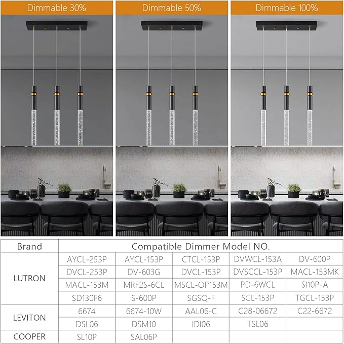 LMQNINE 3 Light Dining Room Light Fixtures Ceiling Dimmable LED Modern Black Kitchen Island Pendant Light with Bubble Crystal Pendant Light for Kitchen Island Bedroom Hallway Entryway (3-Light)
