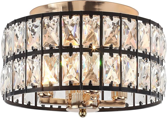 Black Gold Crystal Ceiling Light, 4-Light 11.2 Inch Modern Flush Mount Chandelier, Crystal Flush Mount Ceiling Light Fixture for Bedroom, Kitchen, Living Room, Dining Room, Hallway, Entryway