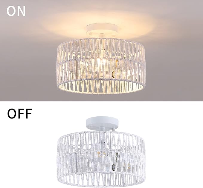 3-Light Coastal White Woven Flush Mount Light Fixture Boho Hemp Rope Semi Flush Mount Ceiling Light for Hallway Bedroom Kitchen Entryway Farmhouse Living Room, White