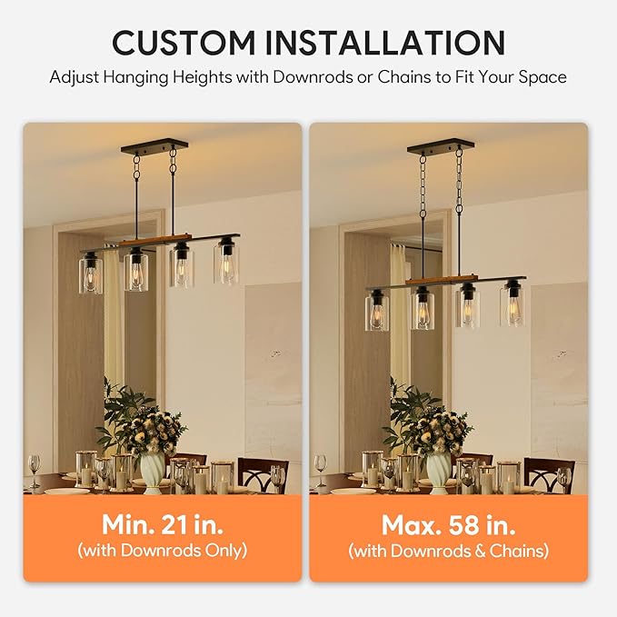 VONLUCE Dining Room Light Fixture Over Table, 4-Light Kitchen Island Lighting with Glass Shade and Adjustable Rods, Farmhouse Linear Chandelier Pendant Light for Kitchen Living Room, Matte Black