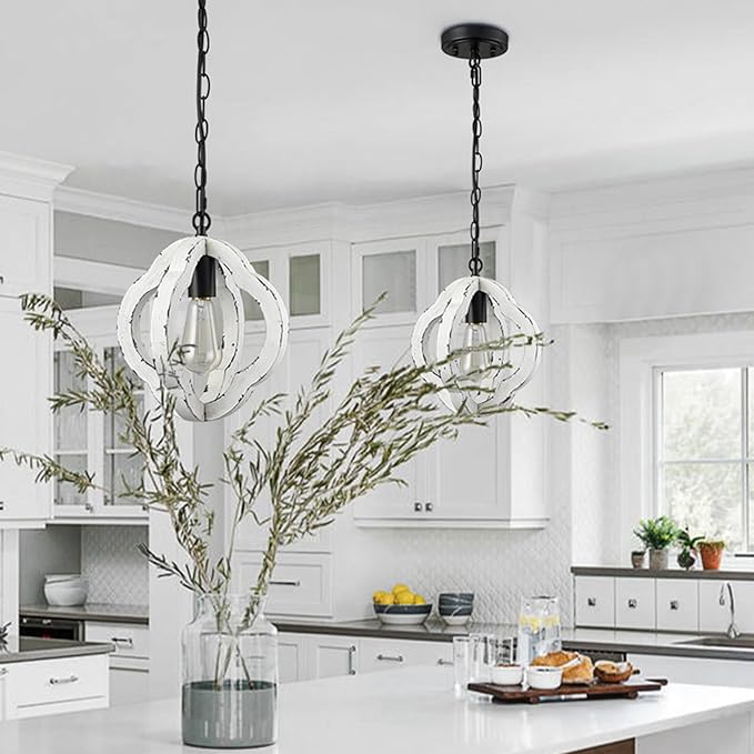 SAMTEEN Farmhouse Wood Pendant Light Distressed White Wood Chandelier Lighting with Adjustable Chain Wooden Hanging Light Fixtures for Kitchen Island Dining Room Bedroom