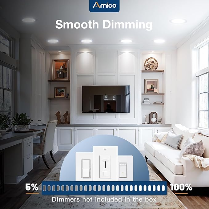 Amico 12 Pack 7 Inch 5CCT Ultra-Thin LED Canless Recessed Ceiling Light with Junction Box, 2700K/3000K/3500K/4000K/5000K Selectable, 15W=100W, 1300LM High Brightness, Dimmable Wafer Downlight, ETL&FCC