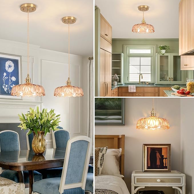 Battery Operated Pendant Light,Vintage Light Fixtures 2500mAh 9.4in RGB Light Bulb Amber Modern Chandelier with Remote Control Wireless Adjustable Rechargeable Chandelier for Kitchen Island 2 Pack