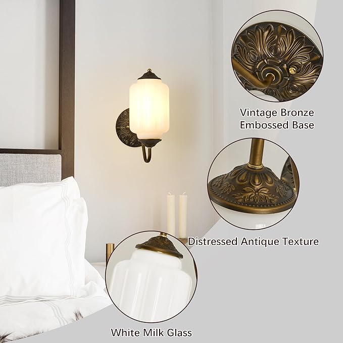 Vintage Milk Glass Wall Sconce - White Dimmable Indoor Wall Lighting with Bulb - Antique Embossed Brass Gold Sconces - Mid Century Vanity Light Fixture for Bathroom Bedroom Living Room Hallway Decor