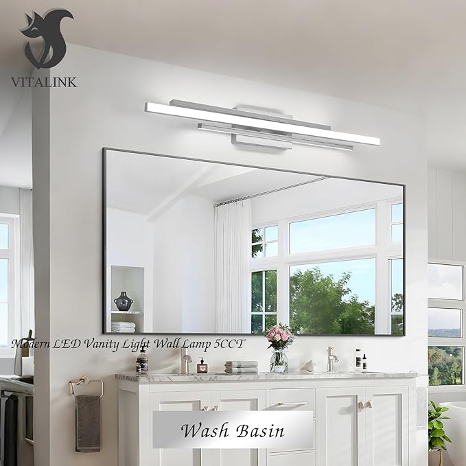 35 Inches Nickel LED Modern Bathroom Vanity Light Fixtures 25W Dimmable 5CCT Vanity Light Bar Over Mirror 3-Light Wall Light for Bathroom Over Mirror Picture Light