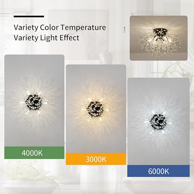 CM MZY Black Semi Flush Mount Ceiling Light Fixture, Modern Crystal Sputnik Firework Ceiling Lights, 6-Light Close to Ceiling Lighting Fixtures for Bedroom Kitchen Hallway Entryway Closet(Matt Black)