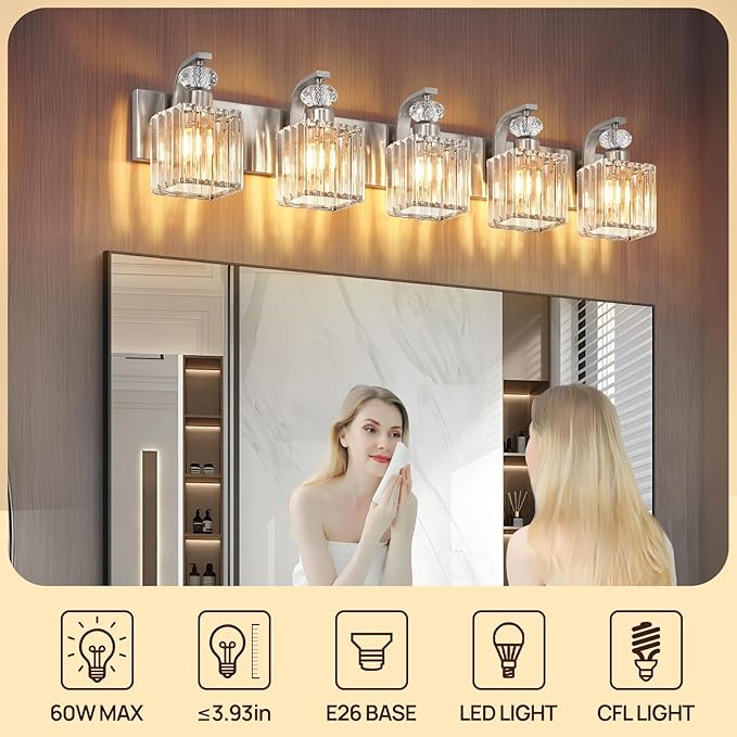 Modern Bathroom Vanity Light, 5-Light Nickel Bathroom Lighting Fixtures Over Mirror, 36.3" Crystal Wall Light Sconce for Bathroom/Bedroom/Vanity, Includes LED Bulbs, Easy Installation