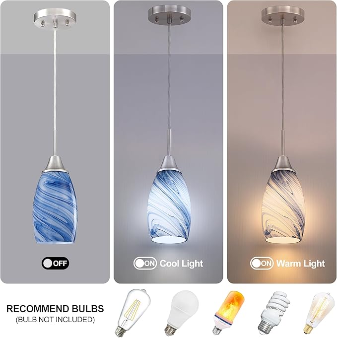 Viinew Mini Glass Pendant Light 1-Pack Dark Blue Marble Art Glass Pendant Lights Kitchen Island Brushed Nickel Finish Hanging Light for Kitchen Over Sink,Dining Room,Foyer,Hallway