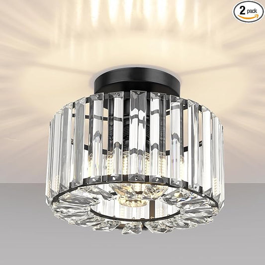 FRIDEKO HOME Crystal Ceiling Light - Black Small Chandelier Semi Flush Mount Ceiling Light Fixture Modern Lights for Hallway Bathroom Kitchen Entryway (9.05 Inch, Bulb not Included)