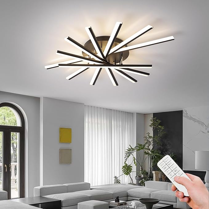 JAYMP 7 Lights Linear Modern Ceiling Lamp 41.3 inch Dimmable Led Semi Flush Mount Black Ceiling Light Fixture for Bedroom Dining Room Kitchen Island Living Room