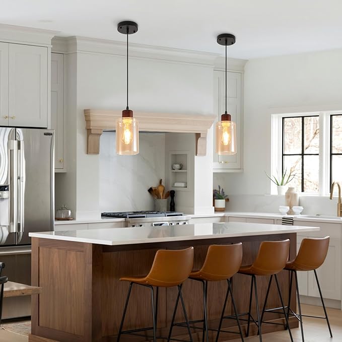 Modern Wood Pendant Lighting for Kitchen Island, Farmhouse Pendant Light Fixtures 2 Pack, Adjustable Hanging Ceiling Light with Amber Glass Shade