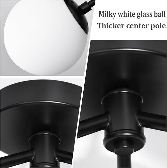 3 Light Mid Century Modern Black Semi Flush Mount Ceiling Light Milk Glass Globe Ceiling Lights Black Chandelier 3 Light Sputnik Ceilings Light Fixture for Bedroom Living Room Hallway Entryway