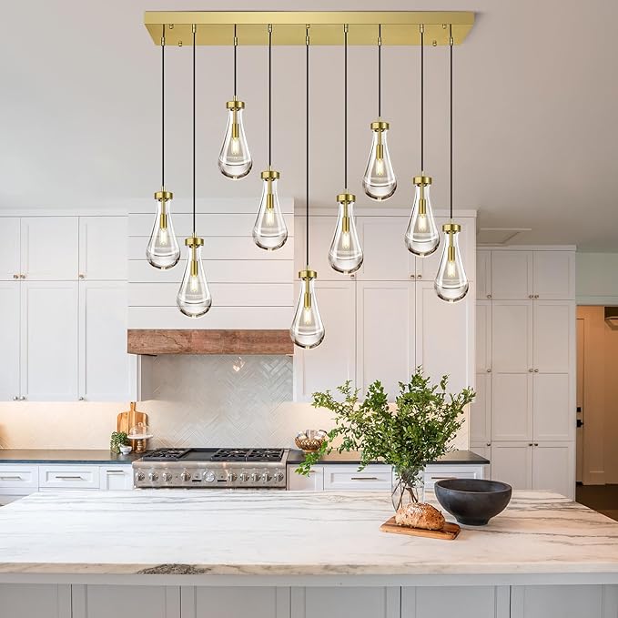Modern Raindrop Pendant Lights Kitchen Island Teardrop Gold Hanging Light Fixture Clear Solid Glass Chandeliers Crystal Pendant Light for Porch Living Room Dining Room(Long Plate-9 Lights)