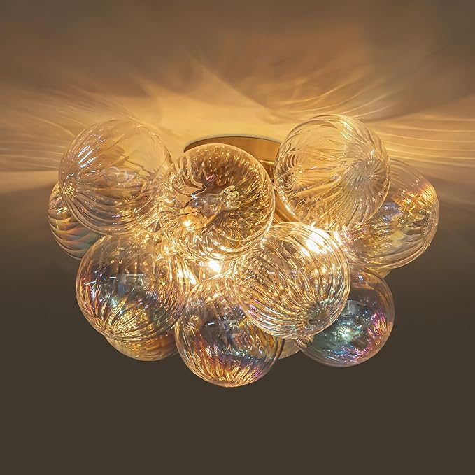Semi Flush Mount Ceiling Light 18.5"-Glass Bubble Chandelier Lighting Modern Hallway Light Fixtures Brushed Gold with 13 Swirled Colorful Globe for Dining Room Kitchen Bathroom Entryway Bedroom