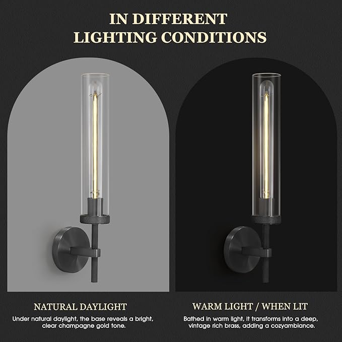 Black Wall Sconces Set of Two, 19" Knurled Black Sconces Wall Lighting, Tube Glass Bathroom Sconces Wall Lights for Bedroom Living Room Vanity Sconce Wall Lamp for Hallway, Staircase