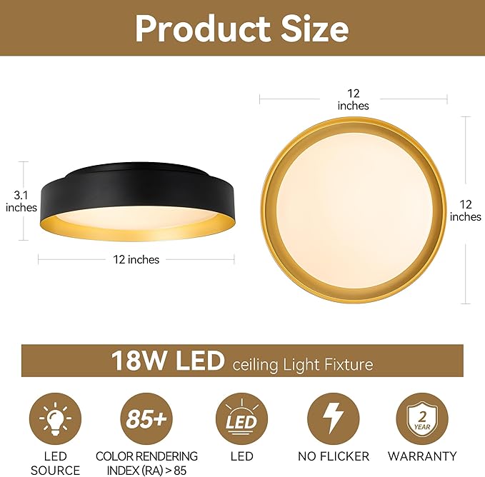 12 Inch LED Flush Mount Ceiling Light, 18W Flush Mount Light Fixture in Black and Gold Finish, Dimmable Ceiling Light for Bedroom, Hallway, Entryway, Bathroom, Kitchen 3000K Warm White