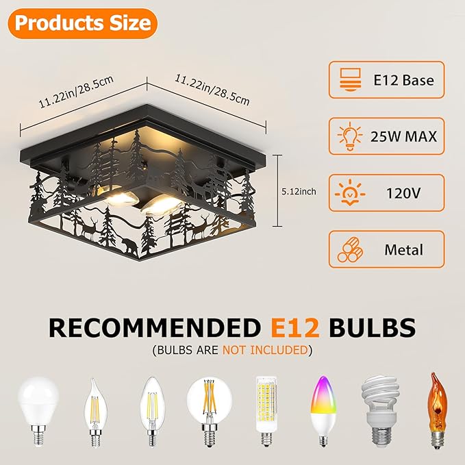 2 Pack Rustic Industrial Flush Mount Ceiling Light, 11" Black Metal Cabin Design E12 Square Ceiling Light Fixture, for Kitchen, Foyer, Bedroom Farmhouse Lighting (Bulbs Not Included)