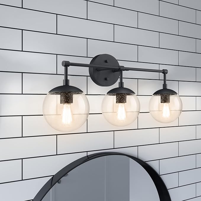 Design House Gracelyn Matte Black 3-Light Bathroom Vanity Light, Clear Seedy Glass Globes, Dimmable, 24 in. W, 588889-BLK