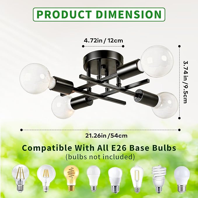 4-Light Semi Flush Mount Ceiling Light Fixture, Black Sputnik Modern Farmhouse Close to Ceiling Chandelier Lighting for Bedroom, Dining Room, Kitchen, Living Room, Matte Black E26 Base
