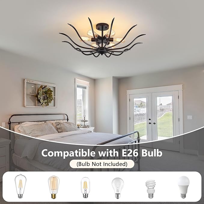 31.5" Semi Flush Mount Black Ceiling Light Fixture, 6-Light Modern Ceiling Living Room Light Fixture, Large Farmhouse Chandelier Dining Room Kitchen Bedroom Entryway Hallway Foyer Light Fixture