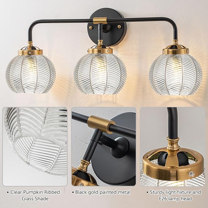 Bathroom Vanity Light fixtures 3 Light Glass Globe Wall Sconce Lights Black Wall Mount Light with Clear Glass Shade, Mid Century Modern Wall Sconce for Over Mirror Bedroom Hallway (3-Lights)