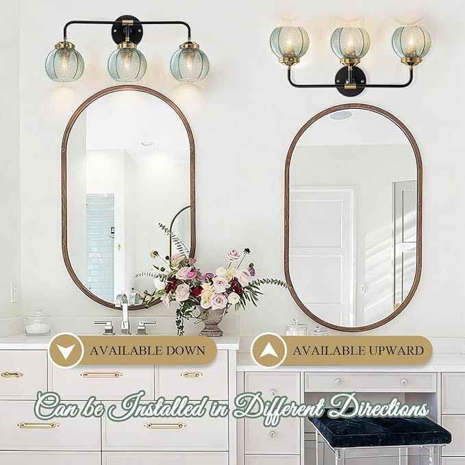 3-Light Bathroom Vanity Light Black Wall Mount Light with Green Glass Shade, Mid Century Wall Sconce Lights Modern Vanity Lamp for Over Mirror Bedroom Hallway