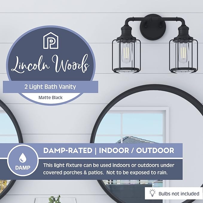Prominence Home Lincoln Woods 2 Light Matte Black Industrial Bathroom Vanity Light with Cage and Clear Glass - 51544-01