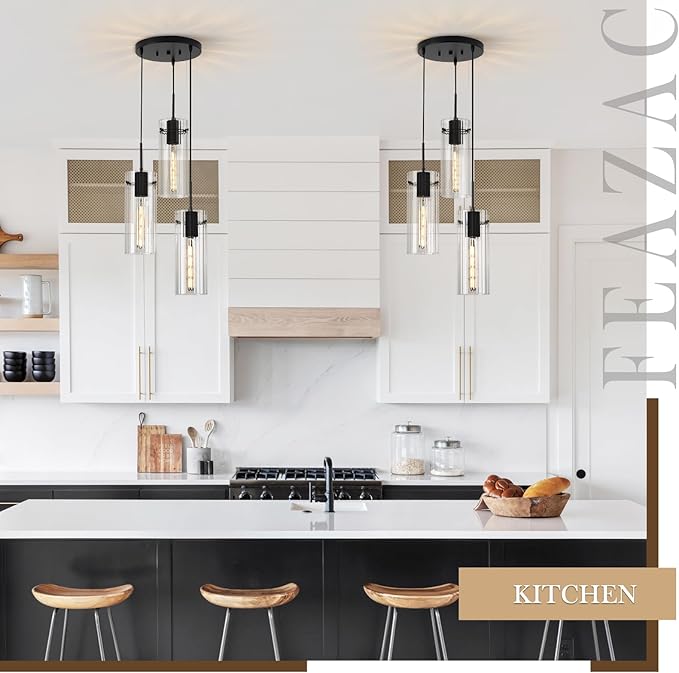 Modern Cluster Pendant Lights, Black Cluster Chandelier with Clear Ribbed Glass, 3 Light Pendant Lighting for Kitchen Island, Staircase, Dining Room, Living Room