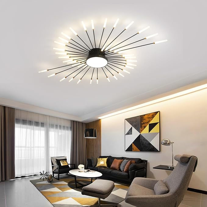 JAYMP 50.4" Ceiling Light Modern Flower Shape Ceiling Lamp for Living Room Dining Room Flush Mount Metal Acrylic Sputnik Firework Petal LED Lighting Fixture (Matte Black, 42+1 Lights)