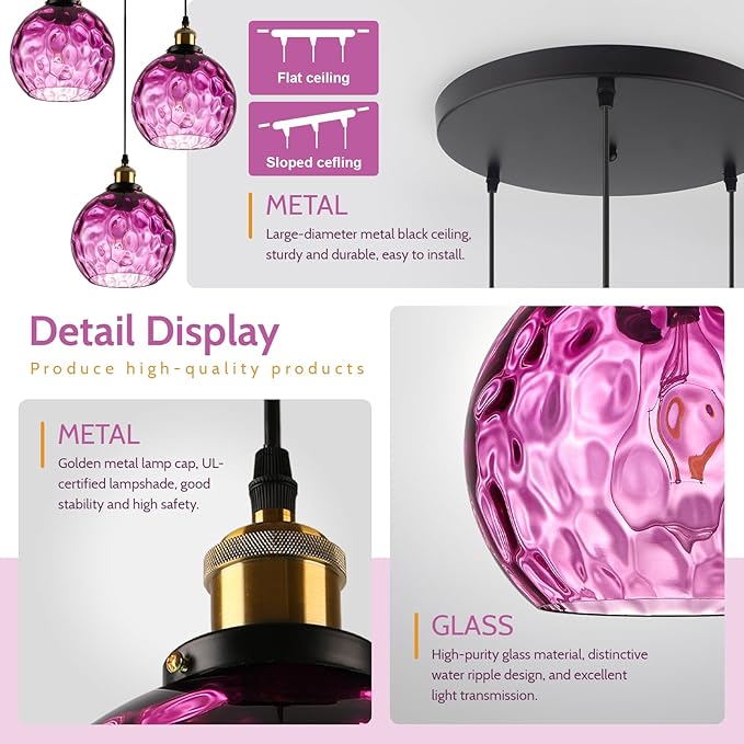 Mid Century Modern 3-Light Cluster Pendant, Hammered Purple Glass Globe Chandelier, Ceiling Hanging Light Fixture for Dining Room Table Kitchen Island Over Sink