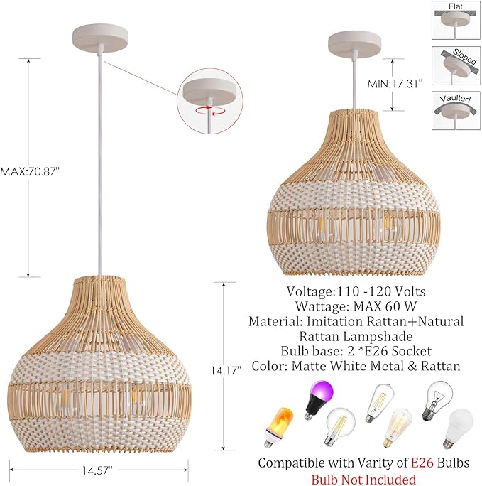 14.56" Rattan Pendant Light Fixture,2-Light Hand-Woven White Wicker Basket Chandelier 1-Pack Boho Faux Rattan Hanging Lamp,for Dining Living Bedroom Kitchen