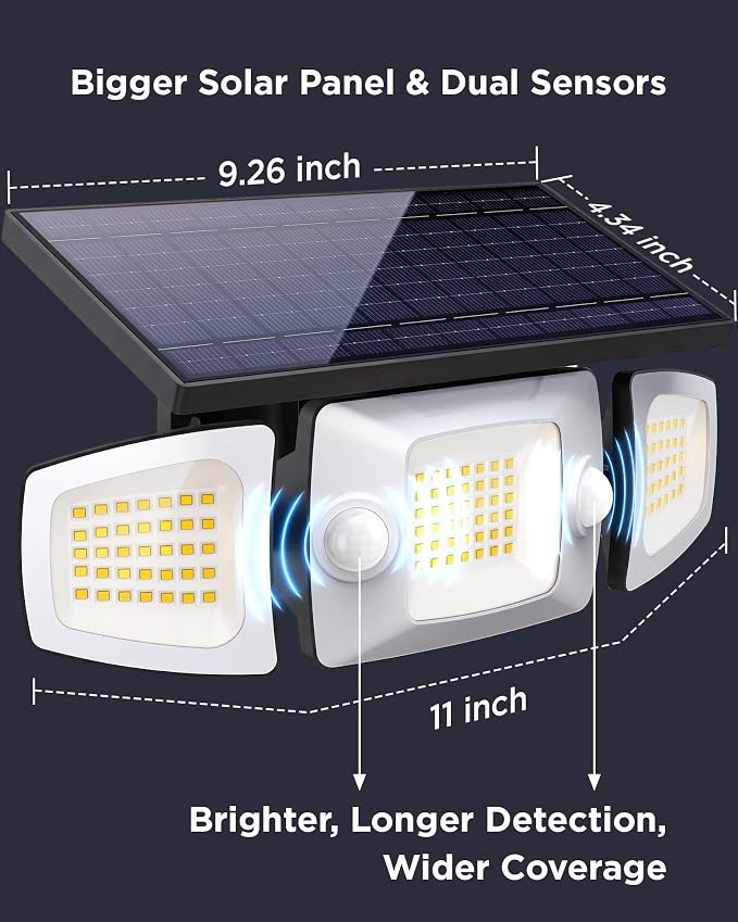 Deepn Solar Outdoor Lights, IP67 Waterproof Solar Flood Lights Outdoor with Dual Motion Sensors, 3 Modes Security Solar Lights Outdoor with Remote, 270° Wide Angle 3 Heads Flood Area Light for Garage
