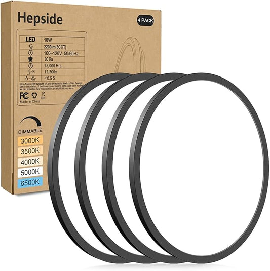 hepside 4Pack LED Flush Mount Ceiling Light Fixture, 9Inch 18W, Dimmable&3000K/3500K/4000K/5000K/6500K Adjustable Low Profile Ceiling Lights, Round Flat Ceiling Light for Closet,Kitchen,Hallway-Black