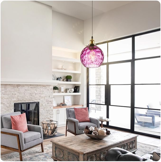Modern Hammered Pendant Light Purple Glass Hanging Pendant Light 7.8" Globe Pendant Light Fixture Black Farmhouse Kitchen Lighting Over Island Sink Dining Room Table