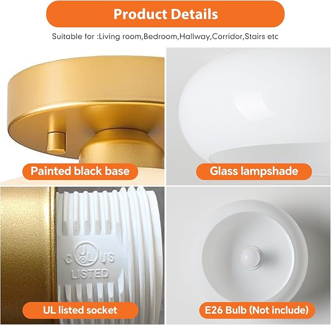 Semi Flush Mount Ceiling Light, Mid Century Modern Gold Light Fixture with Milk Glass Shade 8.66''Vintage Ceiling Lamp for Entryway Hallway Foyer, Laundry Room, Schoolhouse