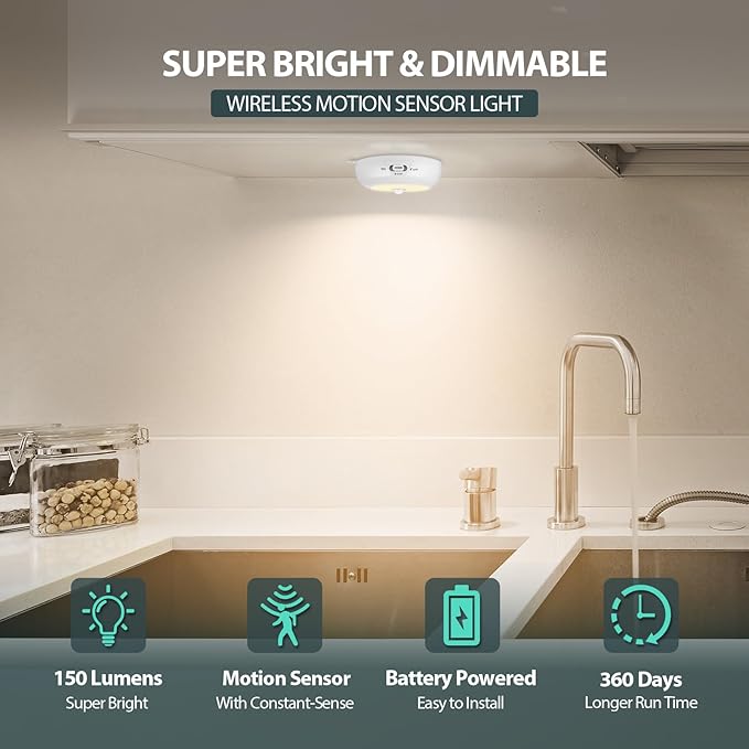 Reoshine Under Cabinet Lighting, LED Puck Lights AA Battery Operated, Closet Lights Motion Sensored for Kitchen, Shelf, Dimmable & Magnetic, 3000K Warm White (6 Pack)