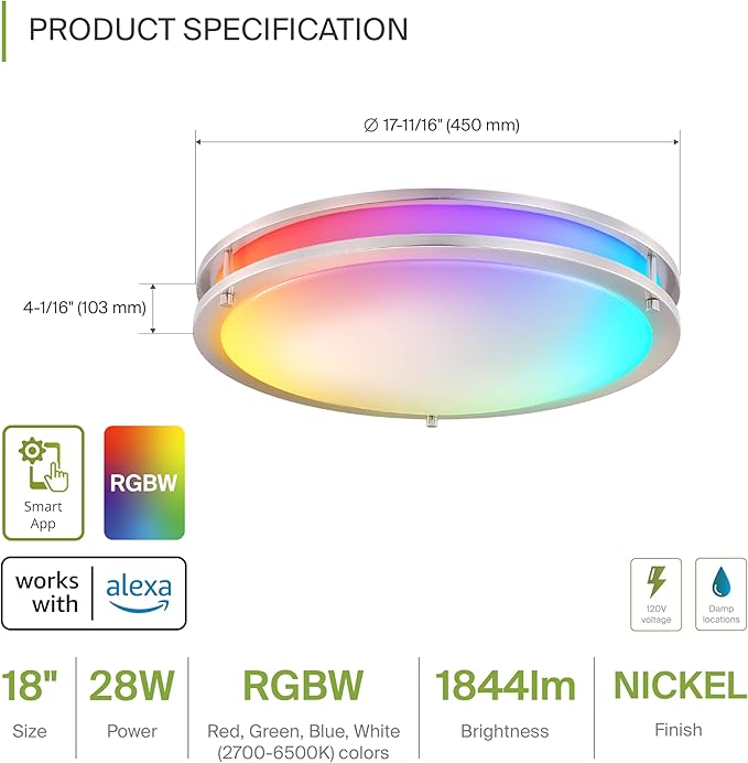 ASD LED 18" Round Flush Mount Lighting, Close to Ceiling Light Fixture | Smart, Multicolor, Dimmable, ETL Listed | 28W 1844LM RGB-2700-6500K 120V | Low Profile Double Ring Lamp | Nickel