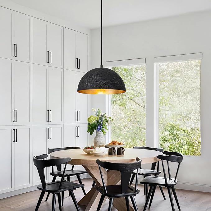 Farmhouse Pendant Light,11.8" Black with Gold Grain Industrial Dome Chandelier,Adjustable Vintage Pendant Lights Kitchen Island for Dining Room,Bedroom,Hallway
