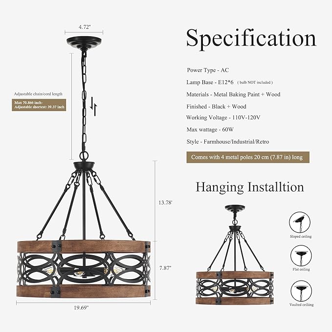 6-Light Farmhouse Drum Wood Pendant Light,19.7'' Vintage Rustic Brown Oak Wood Chandeliers,Retro Industrial Hanging Light Fixtures for Dining Room Entryway, Bedroom