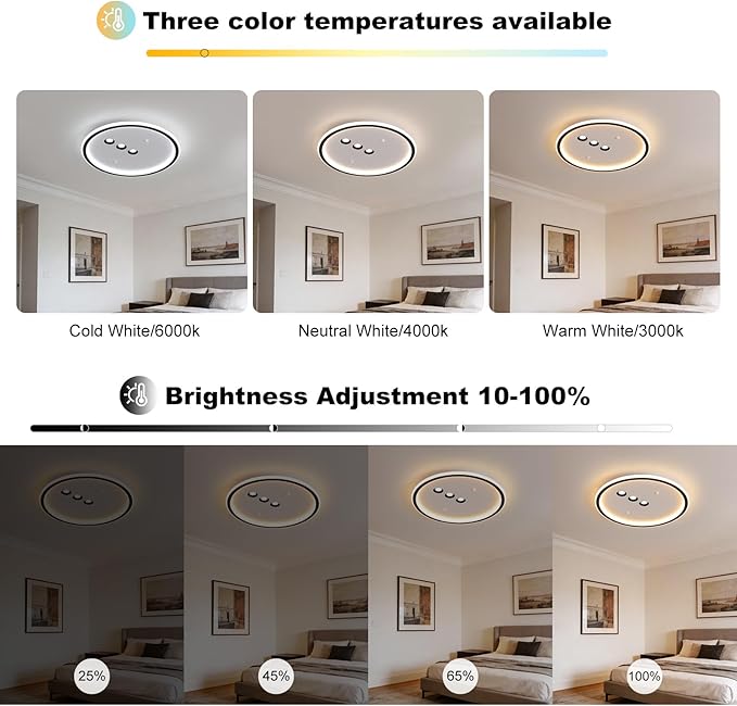Modern Round LED Flush Mount Ceiling Light with Black Finish & 3 Adjustable Spotlights, Dimmable Soft Glow Ceiling Lighting for Living Room Bedroom Hallway