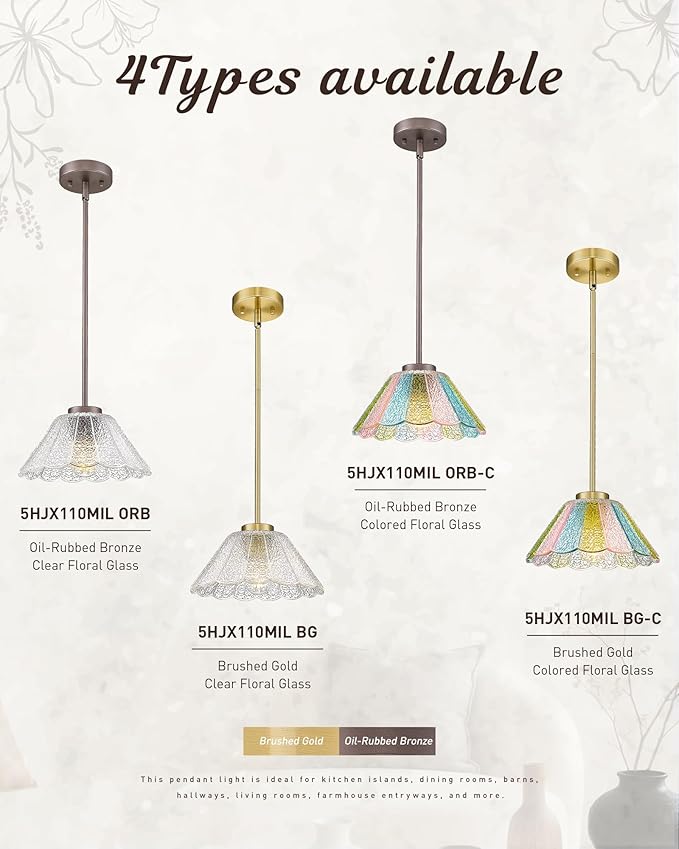 Gold Pendant Light, HWH 10.4-inch Hanging Light Fixture for Living Room, Dining Room, Bedroom, Pendant Lights Kitchen Island with Colored Floral Glass, Gold Finish, 5HJX110MIL BG-C