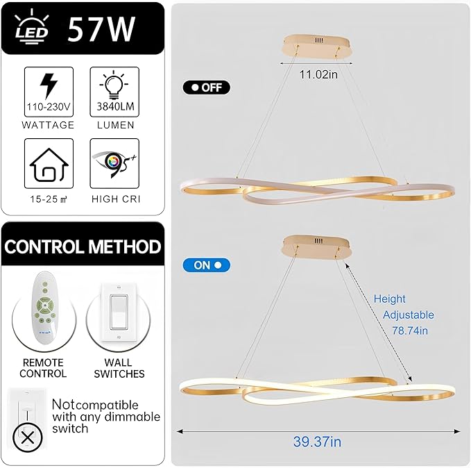 Luxury Gold Modern LED Pendant Light - 39.4in Modern Chandelier for Dining Room Kitchen Island Lighting