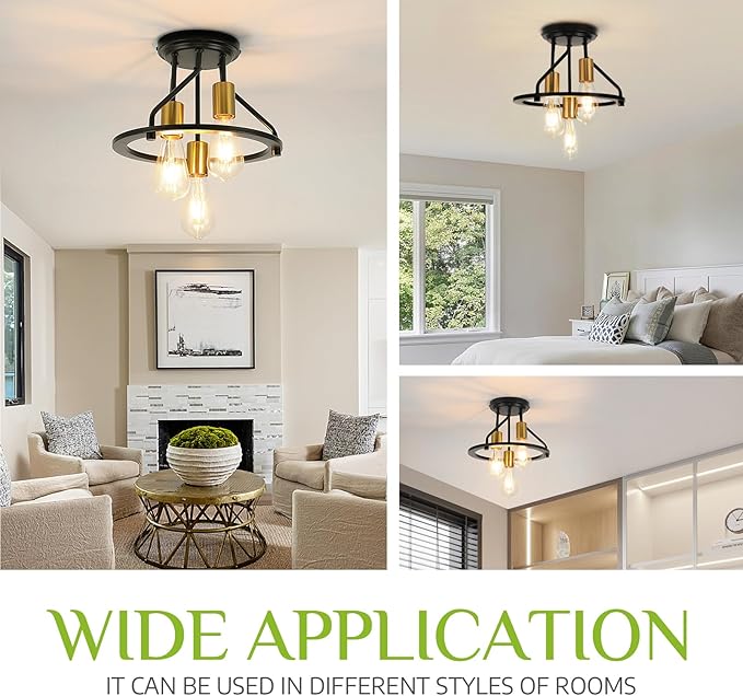 WILON Semi Flush Mount Ceiling Light 3-Light Ceiling Light Fixtures - Industrial Hallway Light Fixtures Black Gold Farmhouse Kitchen Light E26 Socket Ceiling Lamp for Hallway Kitchen Foyer