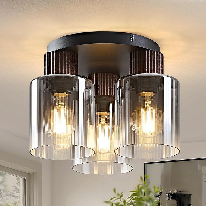 3-Lights Semi Flush Mount Ceiling Light Fixture, Matte Black Modern Close to Ceiling Light for Kitchen, Foyer, Entryway, Hallway, Dining Room, Gray Gradient Glass Shade with Walnut Wood