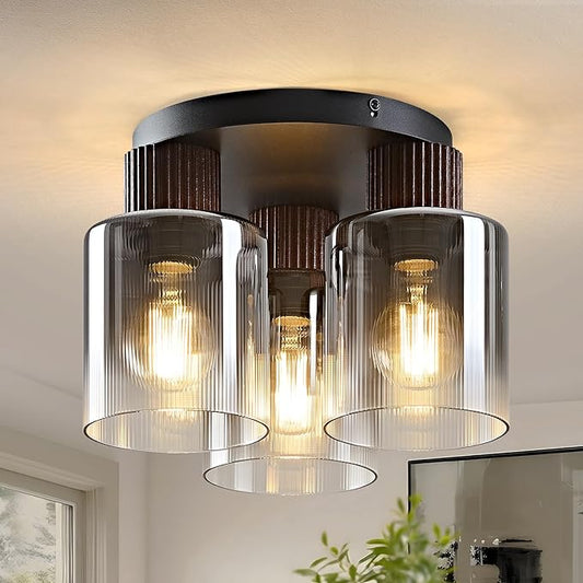 3-Lights Semi Flush Mount Ceiling Light Fixture, Matte Black Modern Close to Ceiling Light for Kitchen, Foyer, Entryway, Hallway, Dining Room, Gray Gradient Glass Shade with Walnut Wood