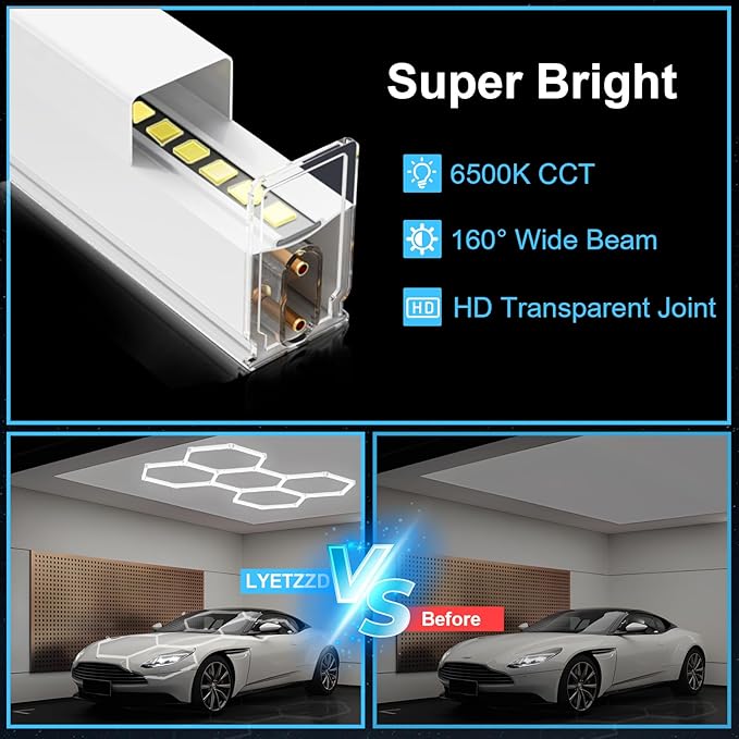 Hexagon Garage Light 5 Hex, 168W 20160LM, 6500K Super Bright Honeycomb LED Ceiling Light for Garage, Workshop, Basement, Gym, Car Detailing Shop