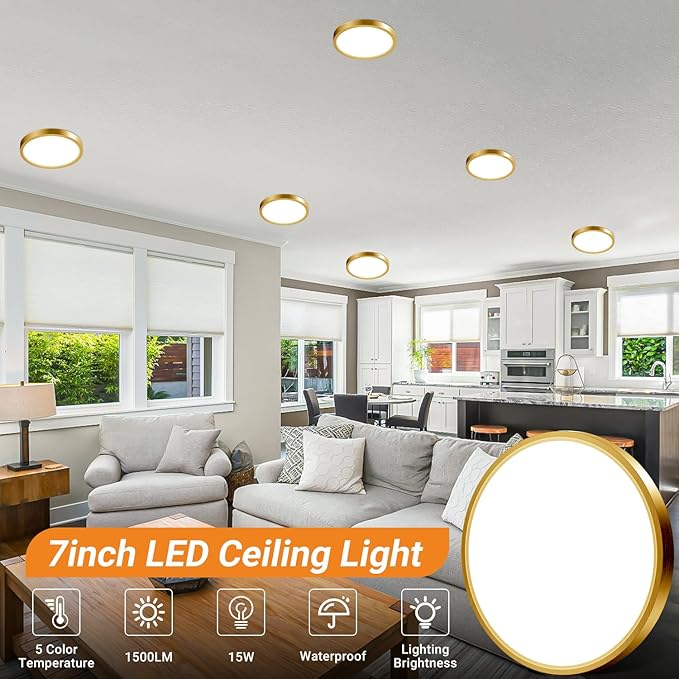 slochi Gold LED Flush Mount Ceiling Light Fixture, 7 Inch 15W, 1500LM, Super Slim 0.7 Inch, 3000K-6500K Adjustable Low Profile LED Ceiling Lights for Bathroom, Closet, Hallway, 2Pack