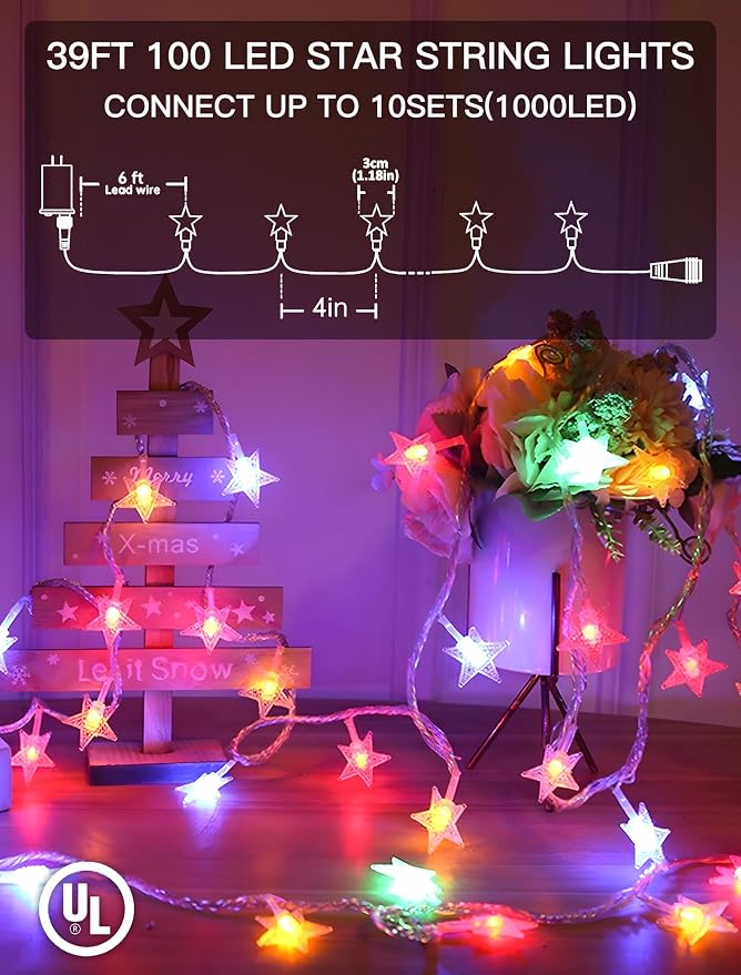 Star String Lights Plug in,39ft 100LED Easter Lights with Remote, Hanging Star Decorations Lights Waterproof for Indoor Outdoor Bedroom Classroom Dorm Kids Tent Party Decor,Multicolor