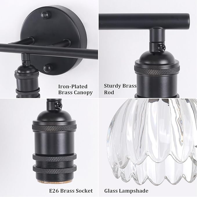 Shenmoyl Bathroom Light Fixtures, 3-Light Black Vanity wall Light Over Mirror with Clear Tulip Glass Shade for Bedroom Living Room (Bulb Not Included)